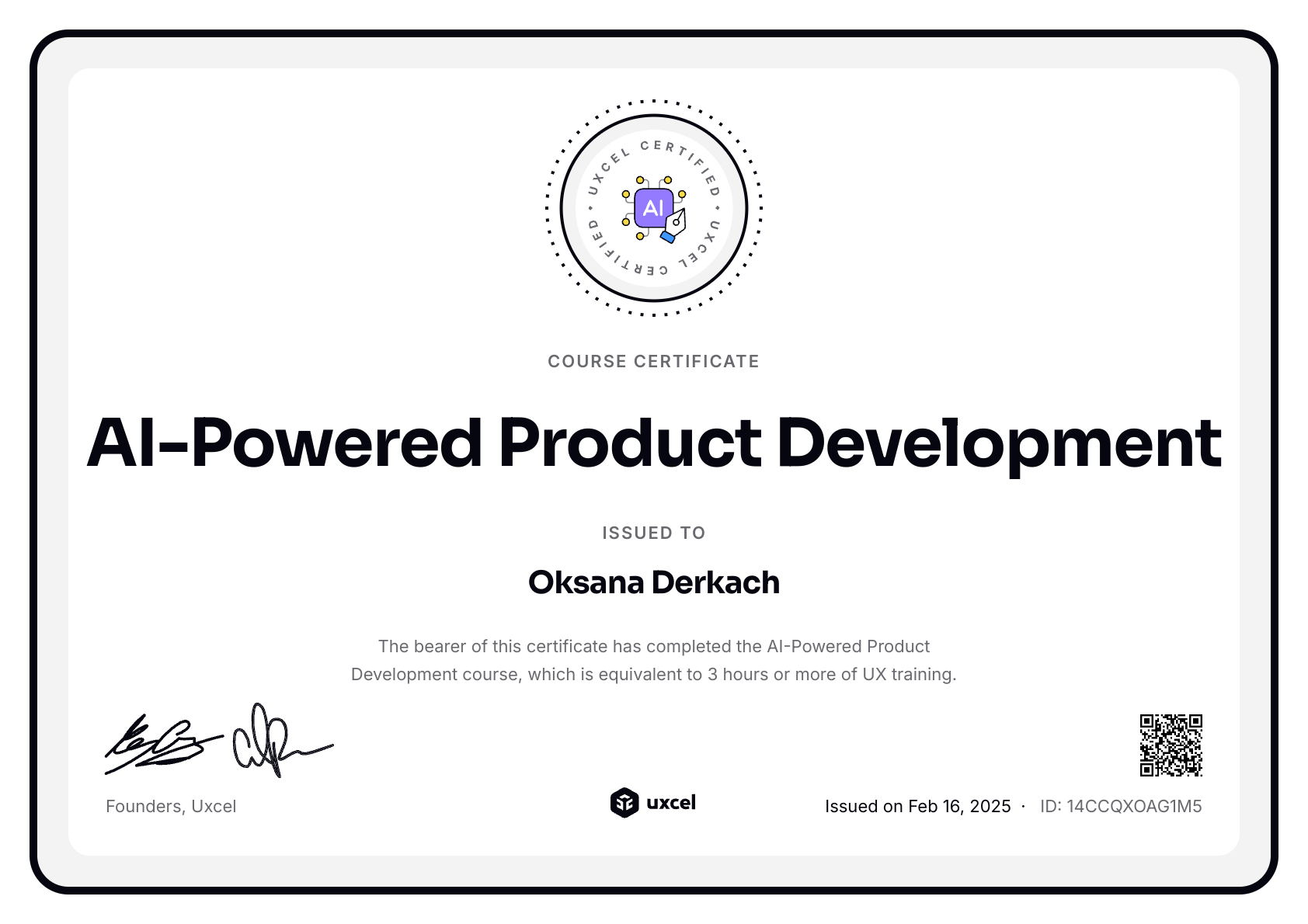 Oksana Derkach's certificate